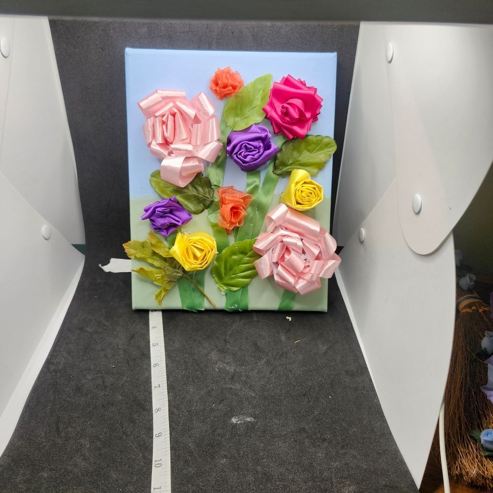 Handmade Ribbon Flower Canvas Art | Original Mixed Media Floral Wall Decor | 8x1